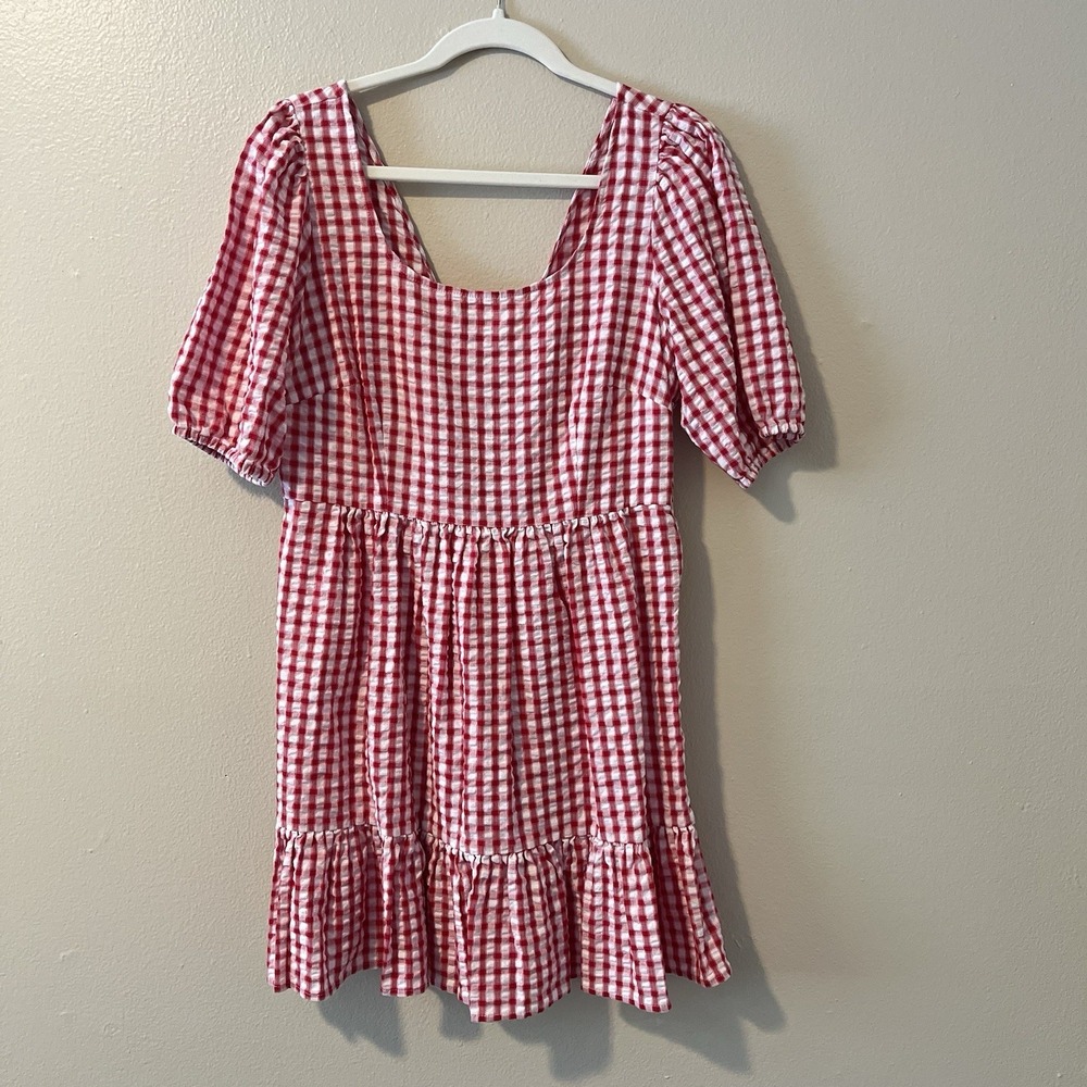 womens Gingham Dress Plaid Puff‎ cottage Boho Red 6 Country Cowgirl